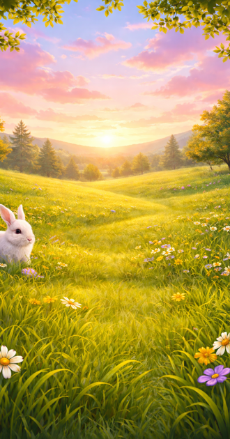 Pastel Skies Meadow w/ Rabbit Friend