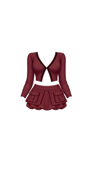 Burnt Red Ribbed Cardigan & Cargo Skirt