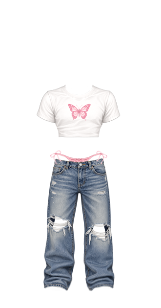 Mens Pink Butterfly Crop Top with Blue Ripped Jeans and Tiny Little Pink Bow Thong for Nettles Skinny Skin