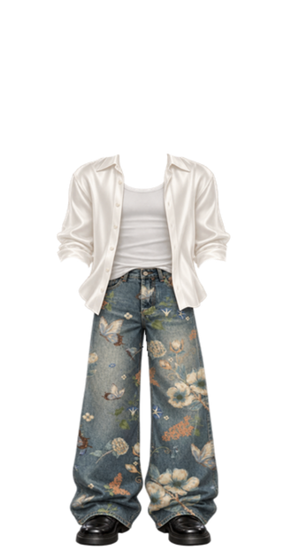 White Silk Floral Jean