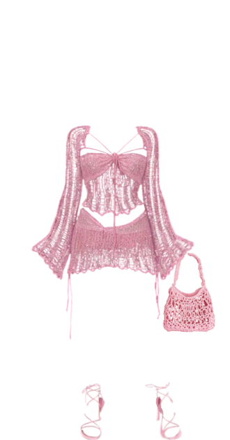 Pink Sparkly Crochet Mesh Corset and Mini Skirt with Sheer Sleeves