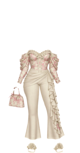 Beige Floral Corset & Beige Flared Pants Set