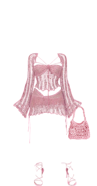 Rose Pink Sparkly Crochet Mesh Corset and Mini Skirt with Sheer Sleeves
